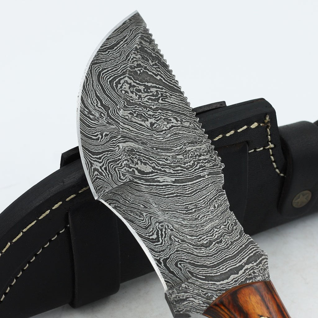 Handmade Damascus Tracker Knife with Hardwood Handle & Leather Sheath