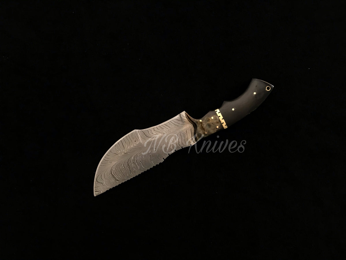 Handcrafted Damascus Steel Tracker Knife with Micarta Handle & Ram Horn