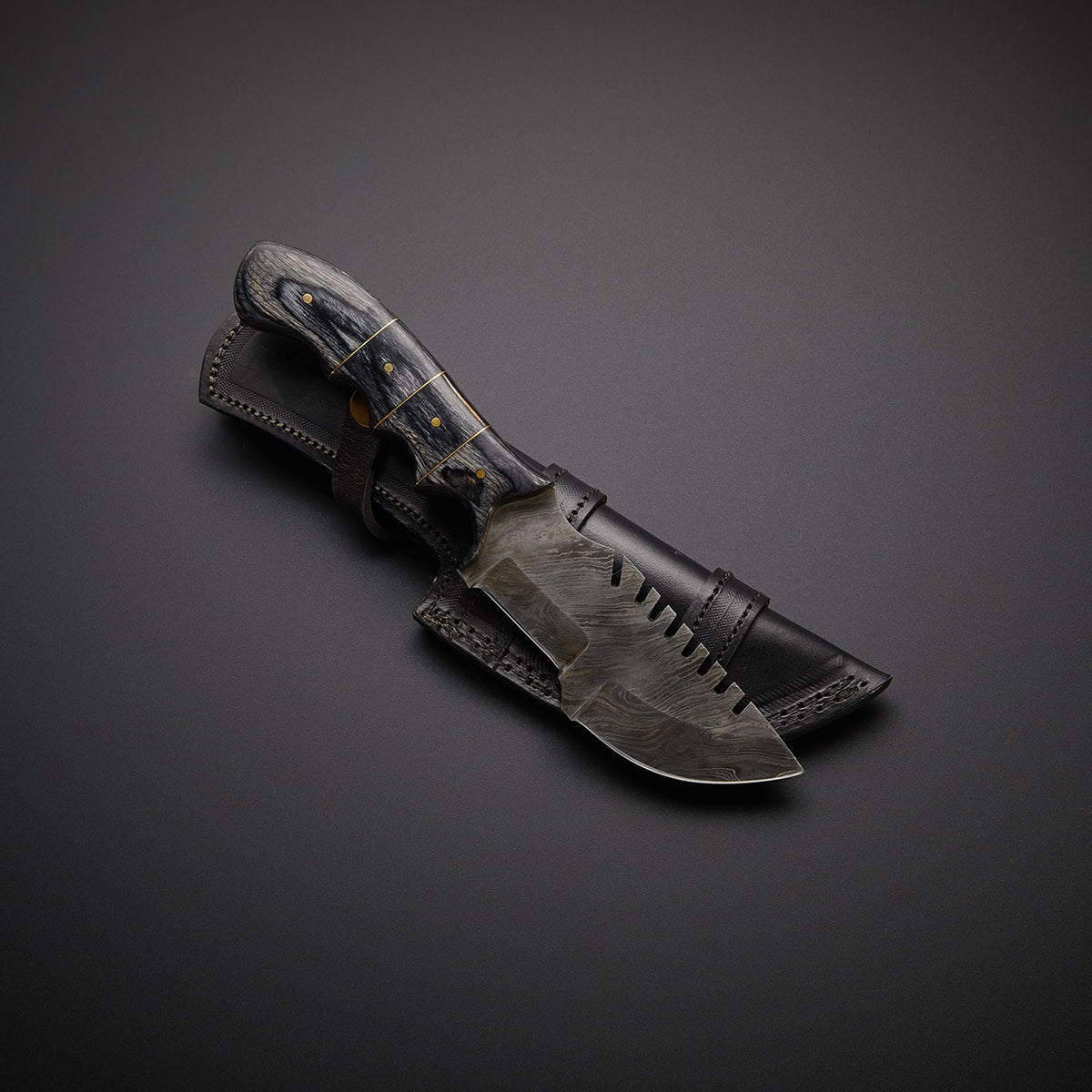 Damascus Steel Tracker Knife with Pakka Wood Handle & Leather Sheath