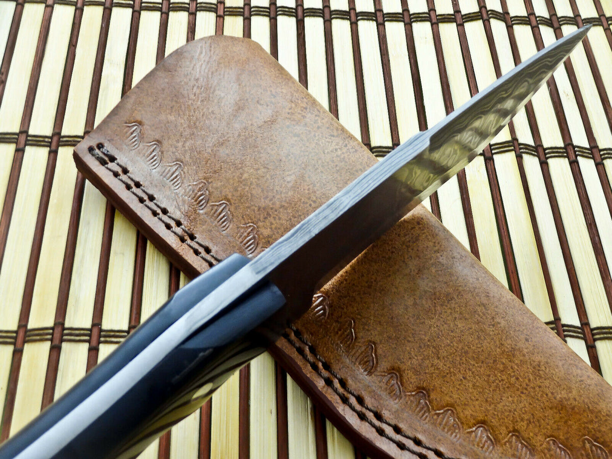Damascus Rain Drop Tracker Knife with Black Micarta Handle With leather sheath