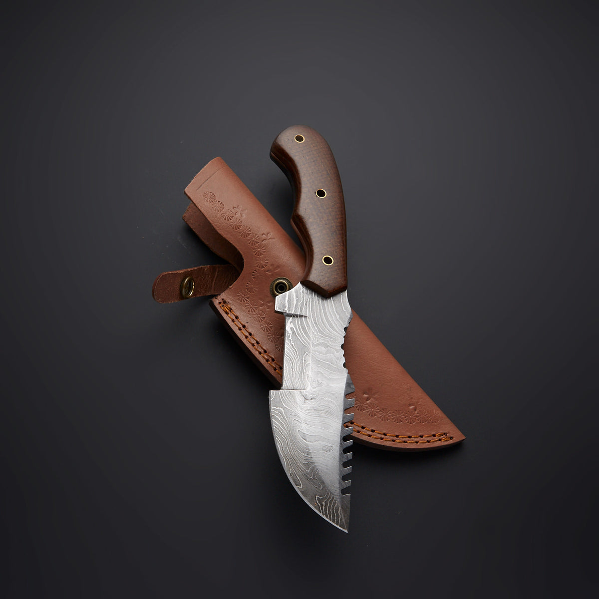 Damascus Tracker Knife Featuring Micarta Handle & Leather Sheath