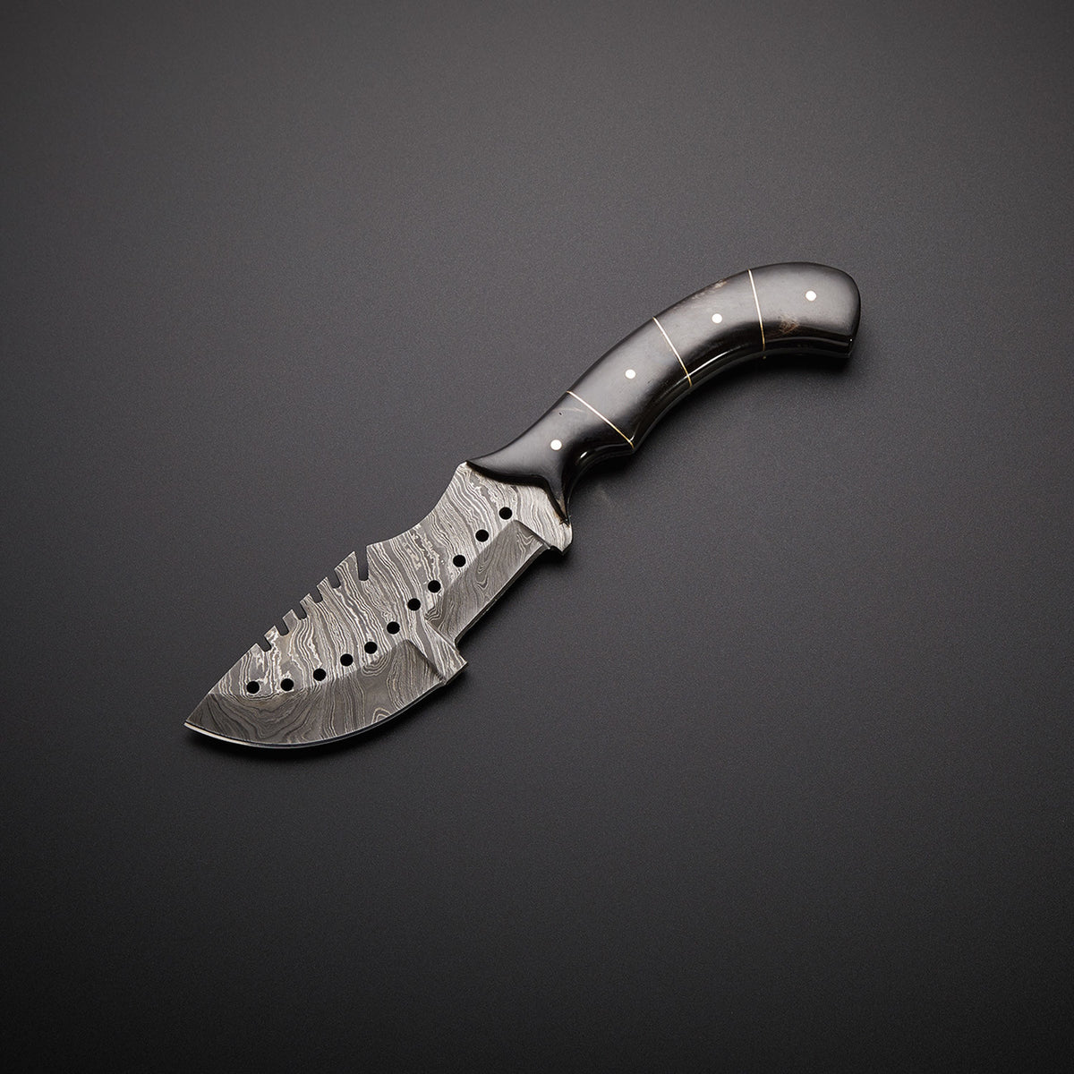 Damascus Tracker Knife with Buffalo Horn Handle and Leather Sheath