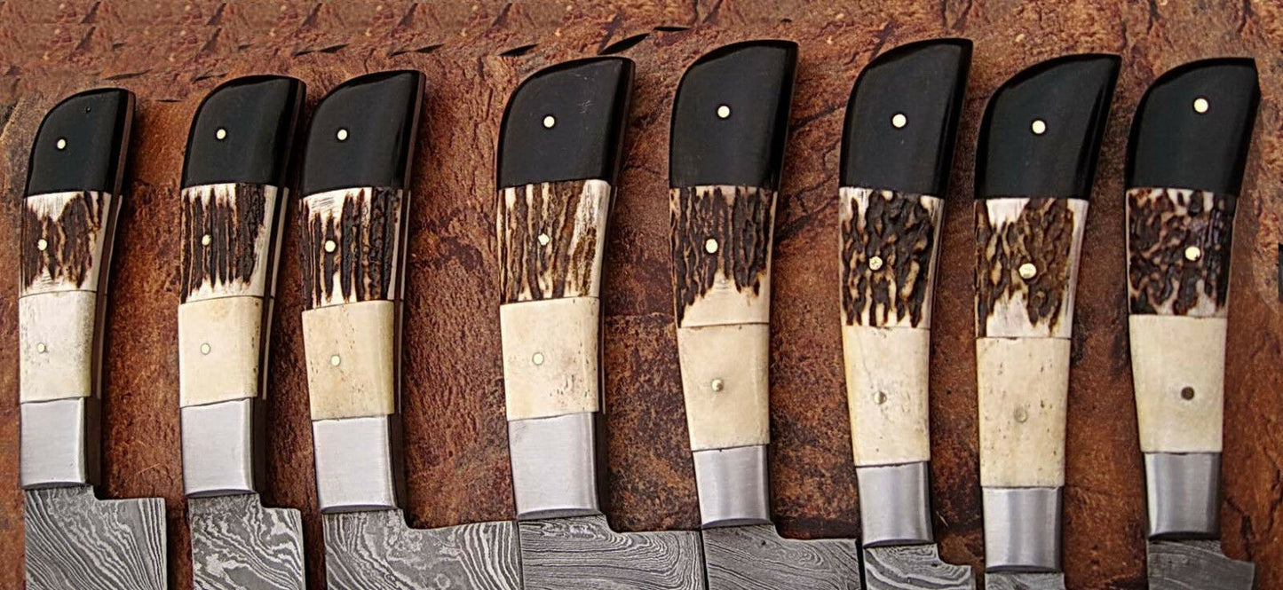 Custom Handmade Damascus Steel 8 Pcs Chef Set Handle Stag Horn/Buffalo Horn With Leather Roll Kit - NB CUTLERY LTD