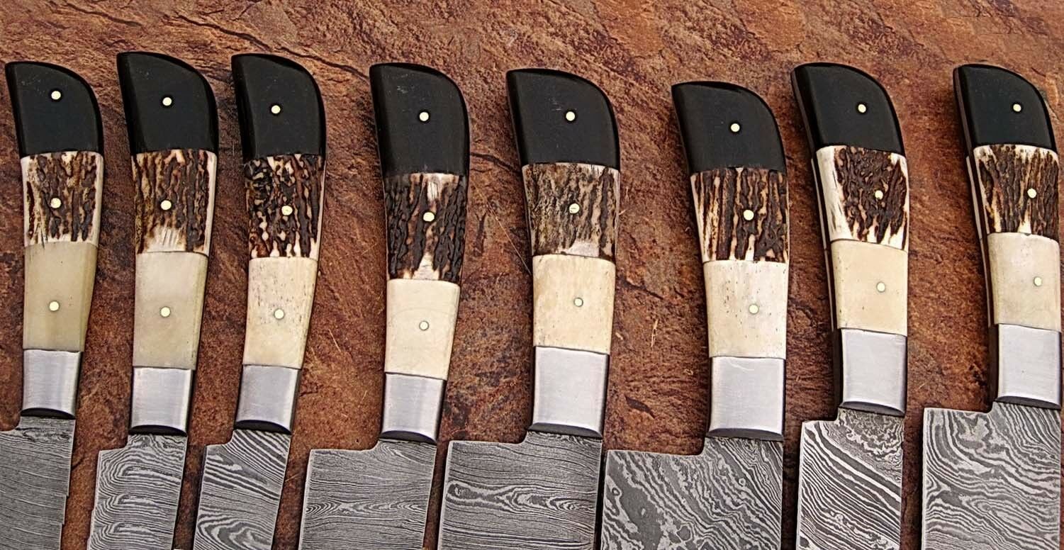 Custom Handmade Damascus Steel 8 Pcs Chef Set Handle Stag Horn/Buffalo Horn With Leather Roll Kit - NB CUTLERY LTD