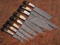 Custom Handmade Damascus Steel 8 Pcs Chef Set Handle Stag Horn/Buffalo Horn With Leather Roll Kit - NB CUTLERY LTD