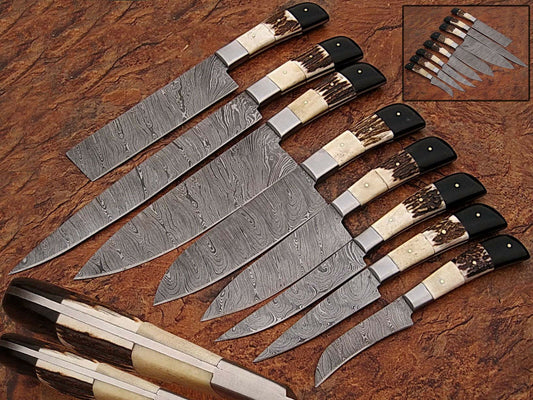 Custom Handmade Damascus Steel 8 Pcs Chef Set Handle Stag Horn/Buffalo Horn With Leather Roll Kit - NB CUTLERY LTD
