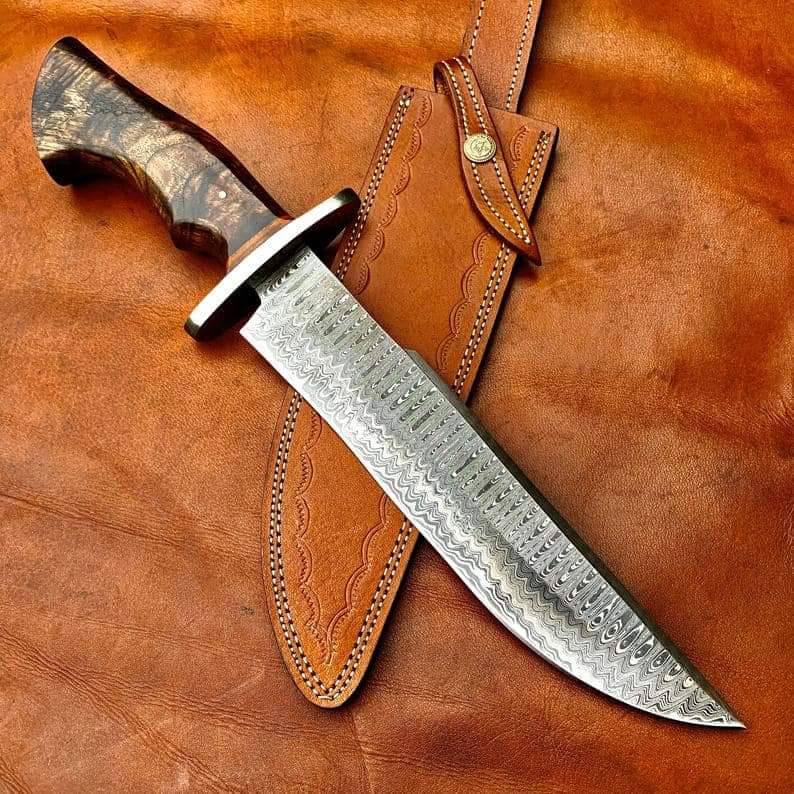 CUSTOM HANDMADE DAMASCUS STEEL BOWIE KNIFE WITH LEATHER SHEATH