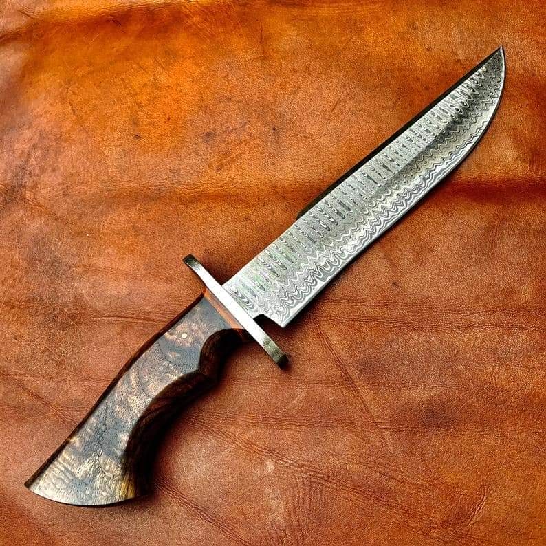 CUSTOM HANDMADE DAMASCUS STEEL BOWIE KNIFE WITH LEATHER SHEATH