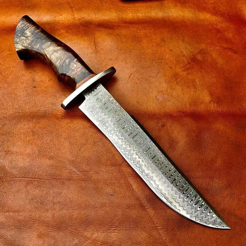 CUSTOM HANDMADE DAMASCUS STEEL BOWIE KNIFE WITH LEATHER SHEATH