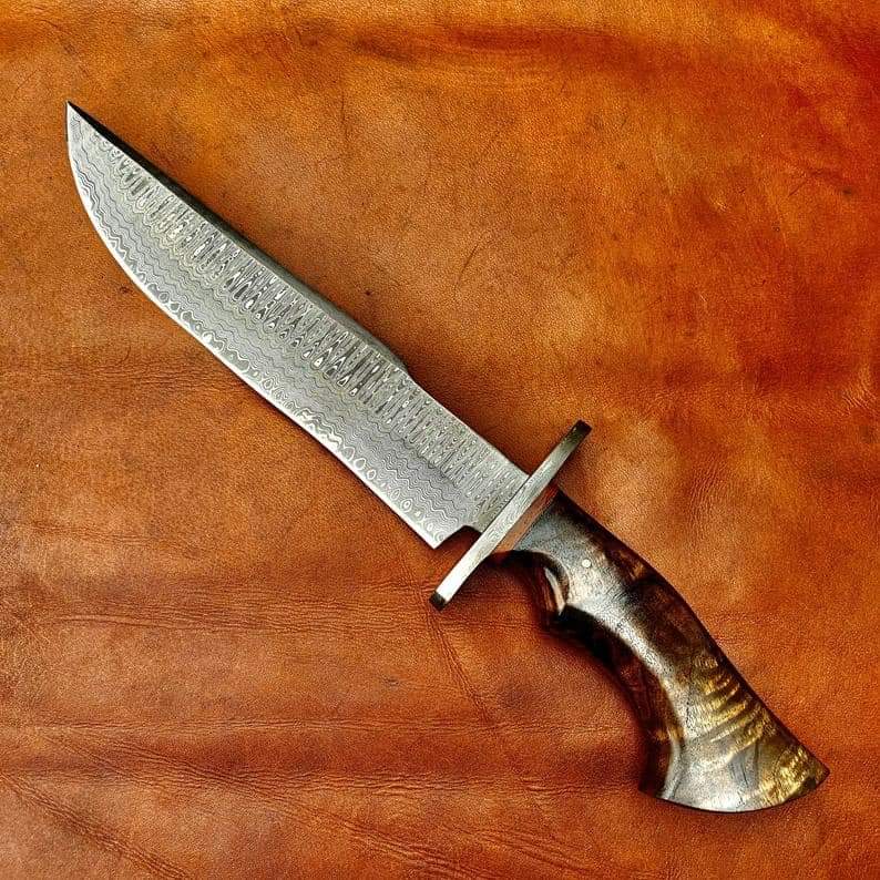 CUSTOM HANDMADE DAMASCUS STEEL BOWIE KNIFE WITH LEATHER SHEATH
