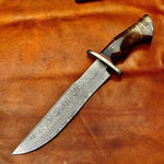 CUSTOM HANDMADE DAMASCUS STEEL BOWIE KNIFE WITH LEATHER SHEATH