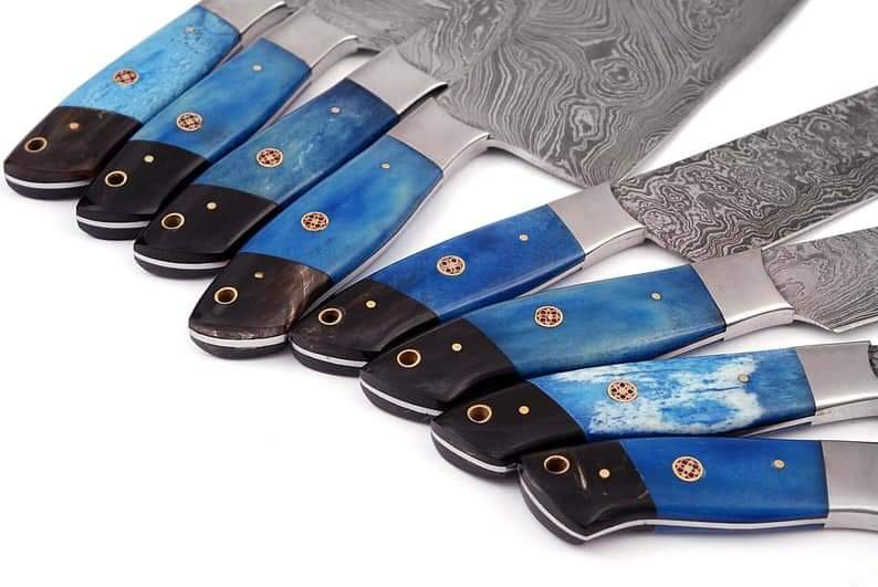 CUSTOM HANDMADE DAMASCUS STEEL 8 PCS CHEF SET WITH LEATHER ROLL KIT