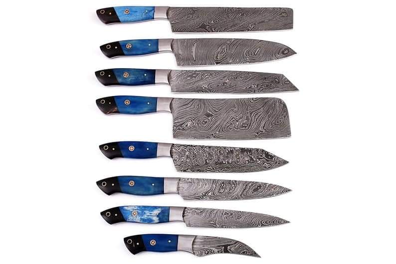 CUSTOM HANDMADE DAMASCUS STEEL 8 PCS CHEF SET WITH LEATHER ROLL KIT