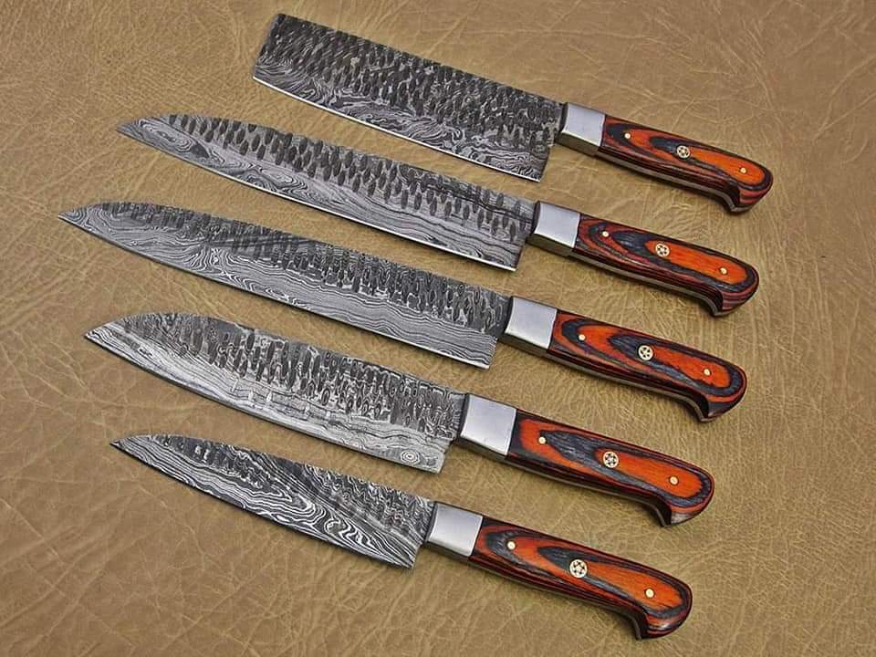 CUSTOM HAND FORGED DAMASCUS STEEL 5 PCS CHEF SET WITH LEATHER ROLL KIT 