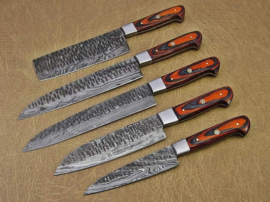 CUSTOM HAND FORGED DAMASCUS STEEL 5 PCS CHEF SET WITH LEATHER ROLL KIT 