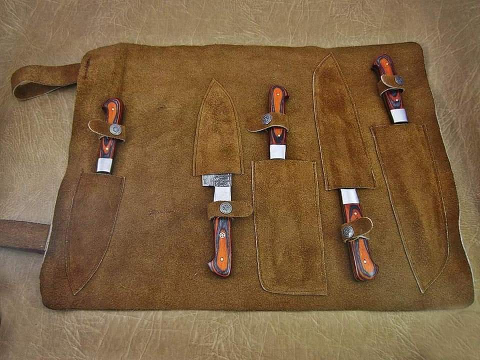 CUSTOM HAND FORGED DAMASCUS STEEL 5 PCS CHEF SET WITH LEATHER ROLL KIT 
