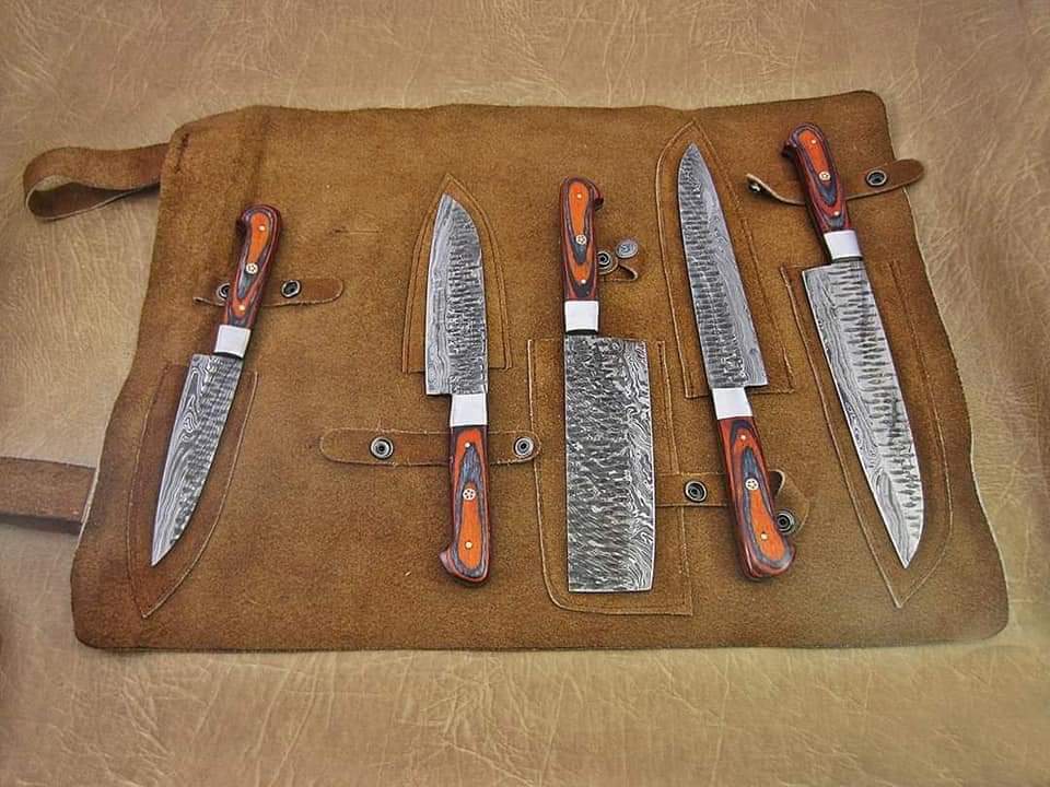 CUSTOM HAND FORGED DAMASCUS STEEL 5 PCS CHEF SET WITH LEATHER ROLL KIT 