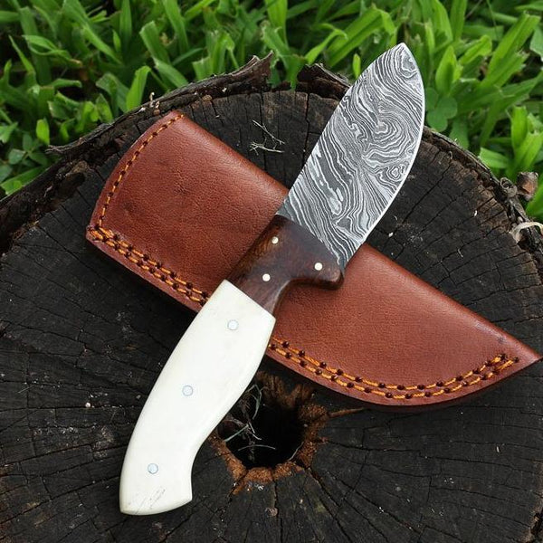Damascus hunting knife Handle: Bone, Olive Wood Bolster - NB CUTLERY LTD