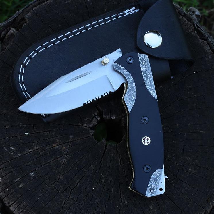 Black G10, Damascus Steel Bolster, Red Mosaic Pin, Pocket Clip - NB CUTLERY LTD