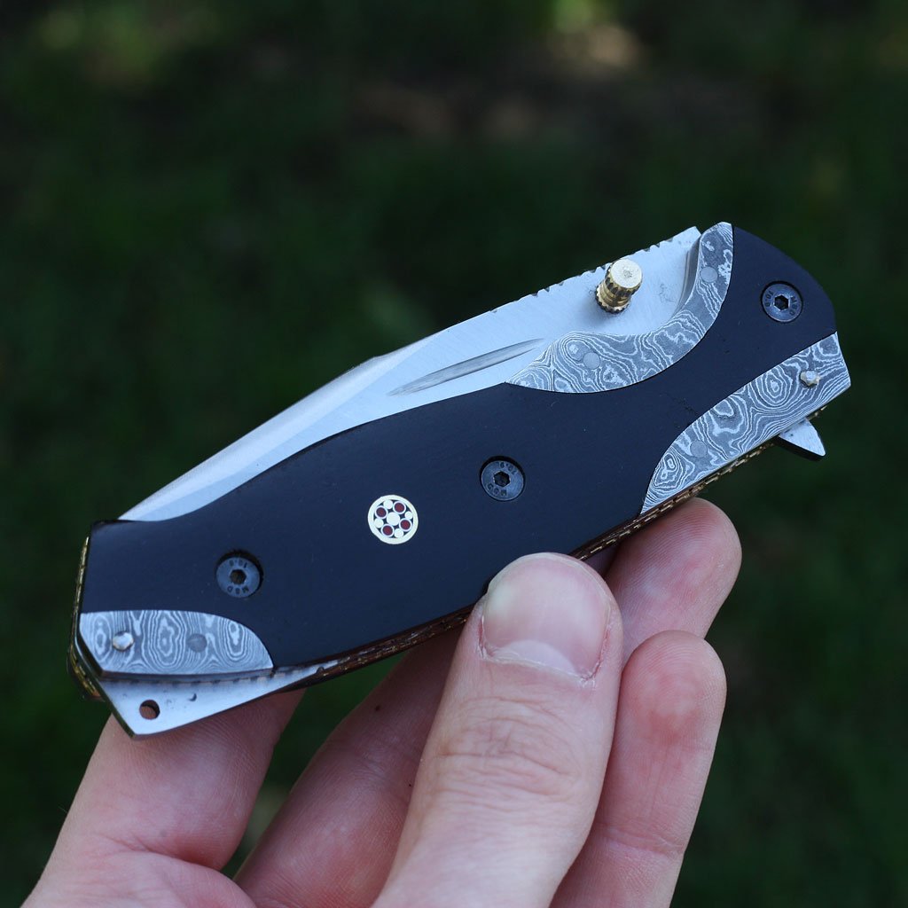Black G10, Damascus Steel Bolster, Red Mosaic Pin, Pocket Clip - NB CUTLERY LTD
