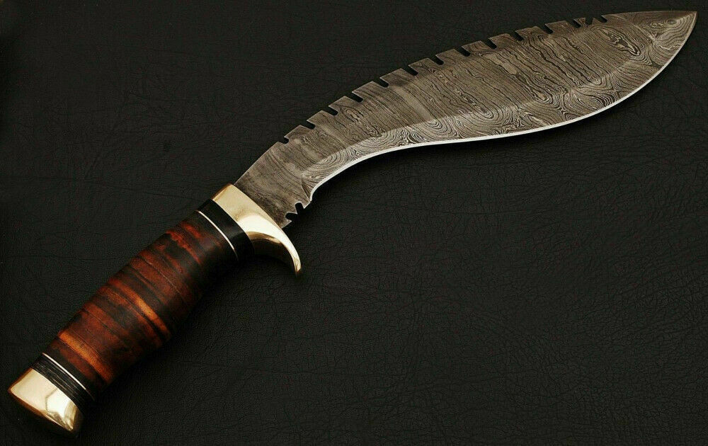 |NB KNIVES| HAND MADE DAMASCUS KUKRI BOWIE KNIFE - STACKED LEATHER - BRASS GUARD - NB CUTLERY LTD