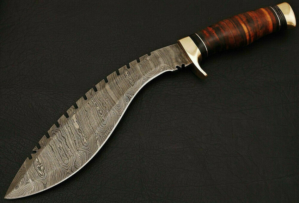 |NB KNIVES| HAND MADE DAMASCUS KUKRI BOWIE KNIFE - STACKED LEATHER - BRASS GUARD - NB CUTLERY LTD
