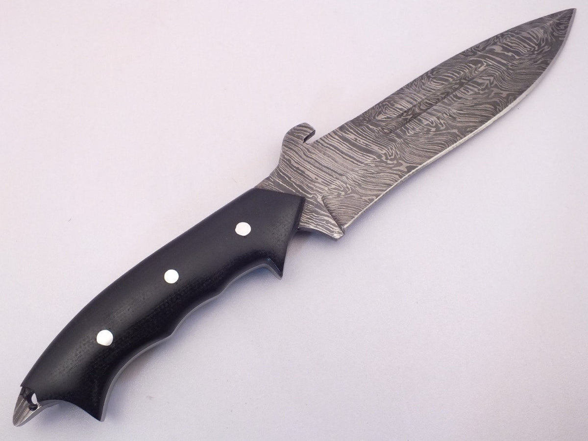 Hand-forged Damascus hunting knife with Micarta handle and genuine cowhide leather sheath