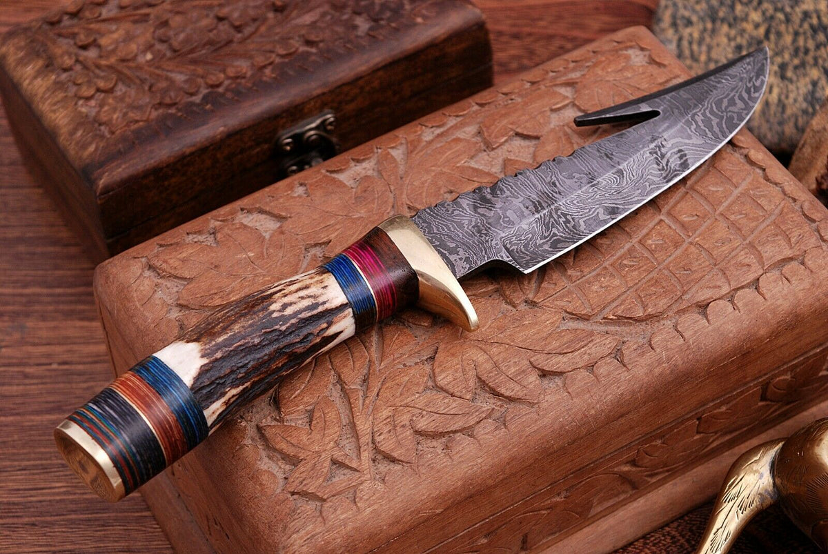 Hand forged Twist Pattern Damascus gut hook hunting knife with Stag Horn handle