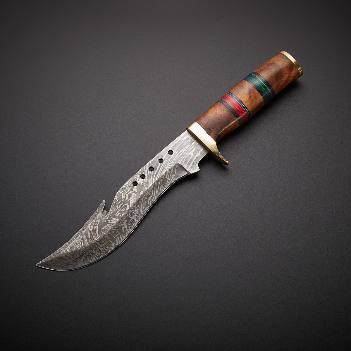Handcrafted Damascus Bowie Hunting Knife with Rosewood and Pakka Wood Handle