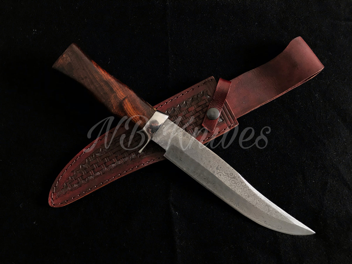 Handcrafted Damascus Steel Hunting Knife with Rosewood Handle and Stainless Steel Bolster
