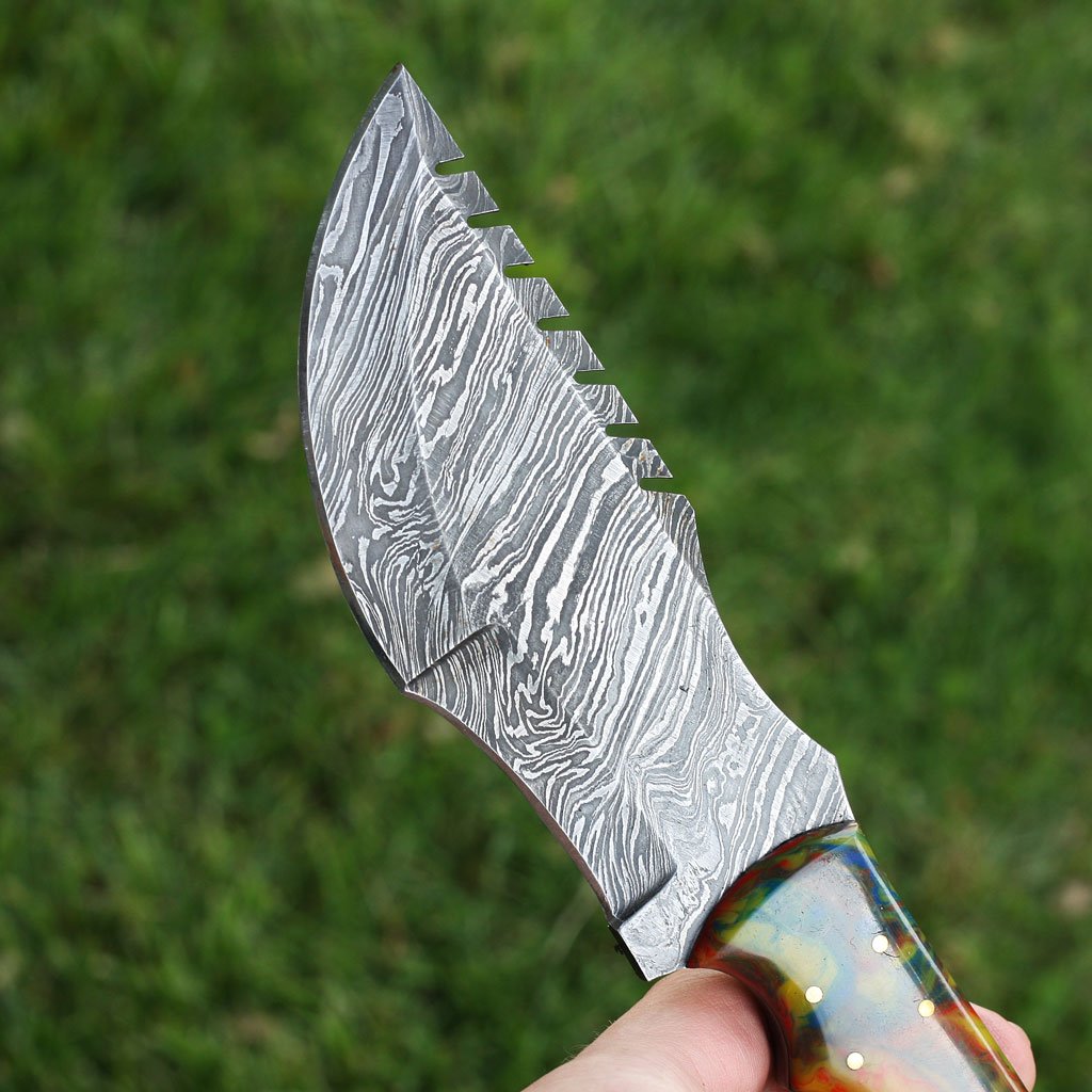 Handcrafted Damascus Steel Tracker Knife with Distinctive Resin Handle & Leather Sheath