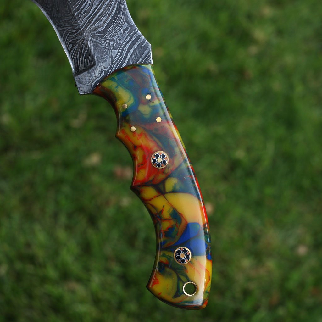 Handcrafted Damascus Steel Tracker Knife with Distinctive Resin Handle & Leather Sheath