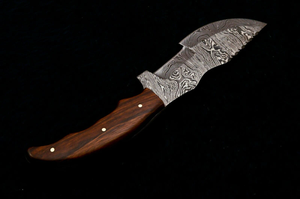 Handcrafted Damascus Tracker Knife with Natural Rosewood Handle & Leather Sheath