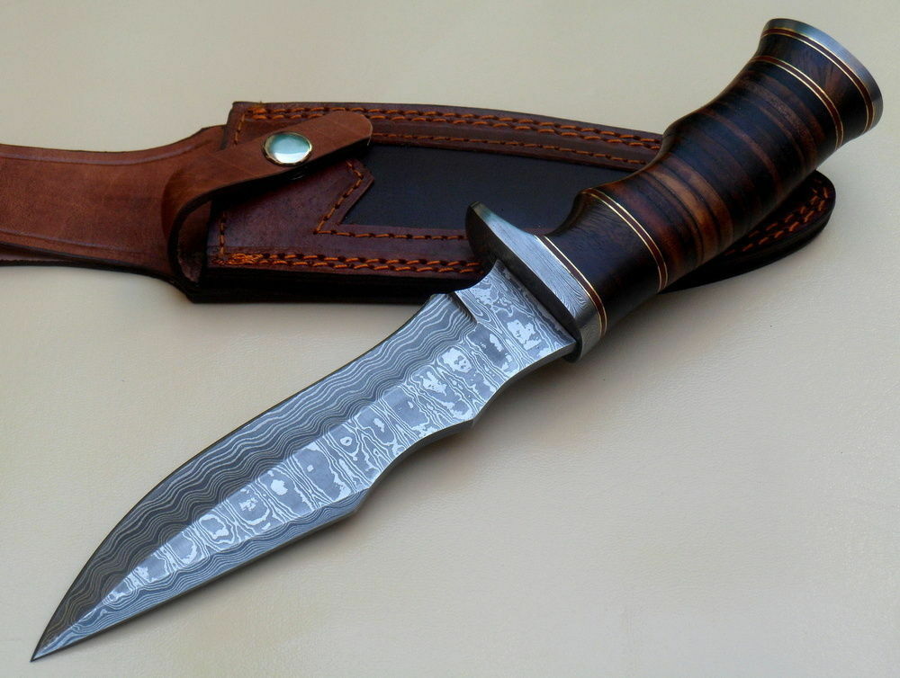 Handmade Damascus Steel Hunting Bowie Knife 11'' Stacked Leather Handle - NB CUTLERY LTD