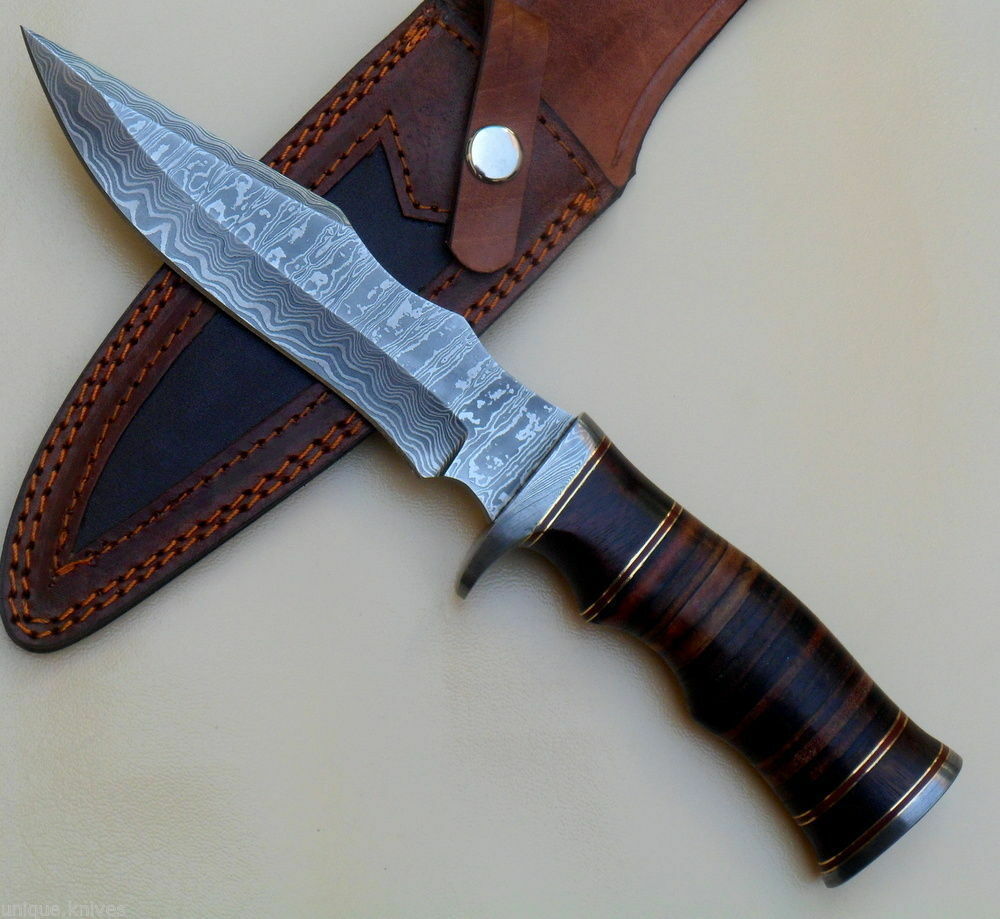 Handmade Damascus Steel Hunting Bowie Knife 11'' Stacked Leather Handle - NB CUTLERY LTD