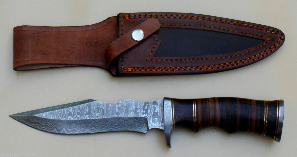 Handmade Damascus Steel Hunting Bowie Knife 11'' Stacked Leather Handle - NB CUTLERY LTD