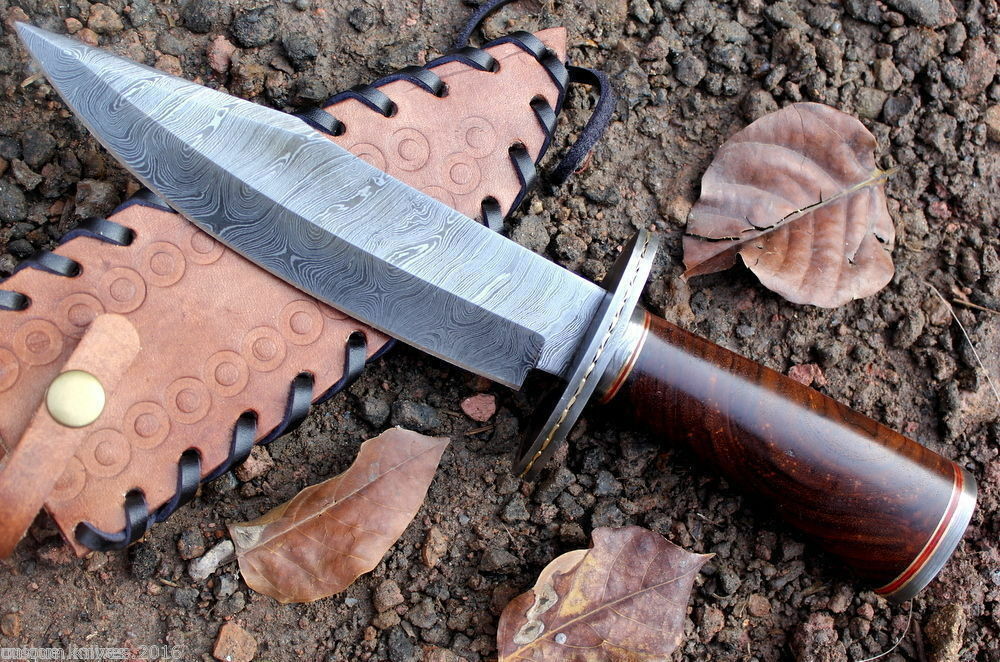 Handmade Damascus Steel Hunting Bowie Knife Rose Wood Handle