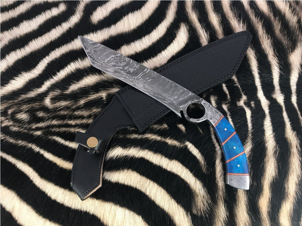 Handmade Damascus Hunting Knife with Blue Dyed Handle