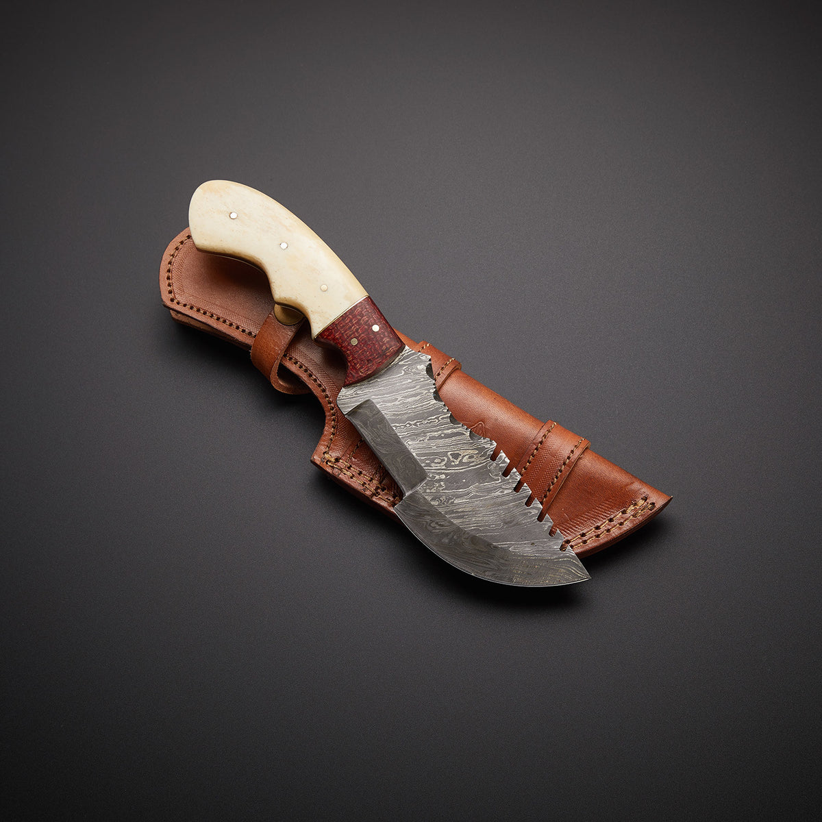Handmade Damascus Steel Tracker Knife with Natural Cow Bone Handle & Micarta Bolster