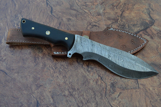 Handmade Damascus Tracker Knife with Micarta Handle & Leather Sheath