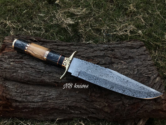 Handmade Damascus hunting Bowie knife with Olive Wood and Pakka Wood handle and leather sheath