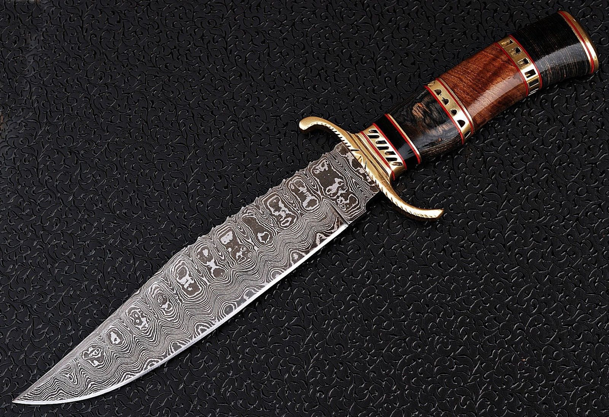 Handmade Damascus hunting Bowie knife with Olive Wood and Pakka Wood handle and leather sheath
