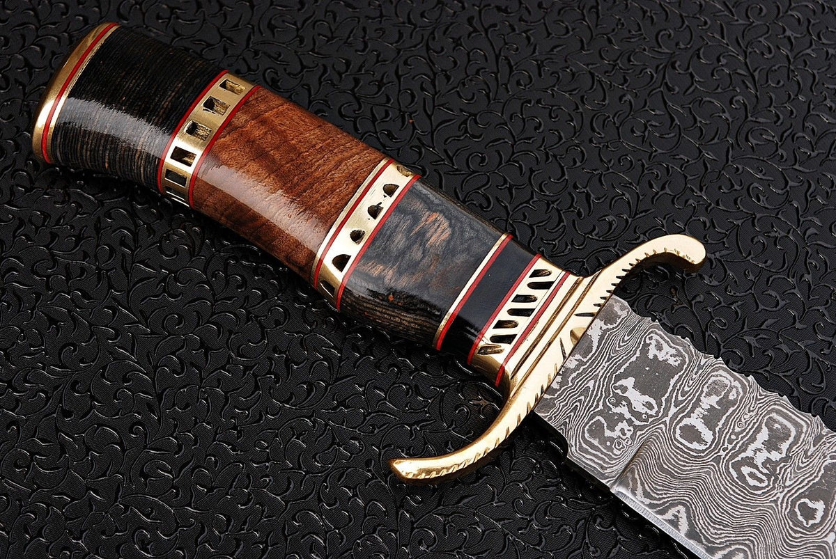 Handmade Damascus hunting Bowie knife with Olive Wood and Pakka Wood handle and leather sheath