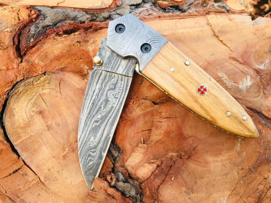 Custom Handmade Damascus Steel Folding/Pocket Knife+Leather Sheath
