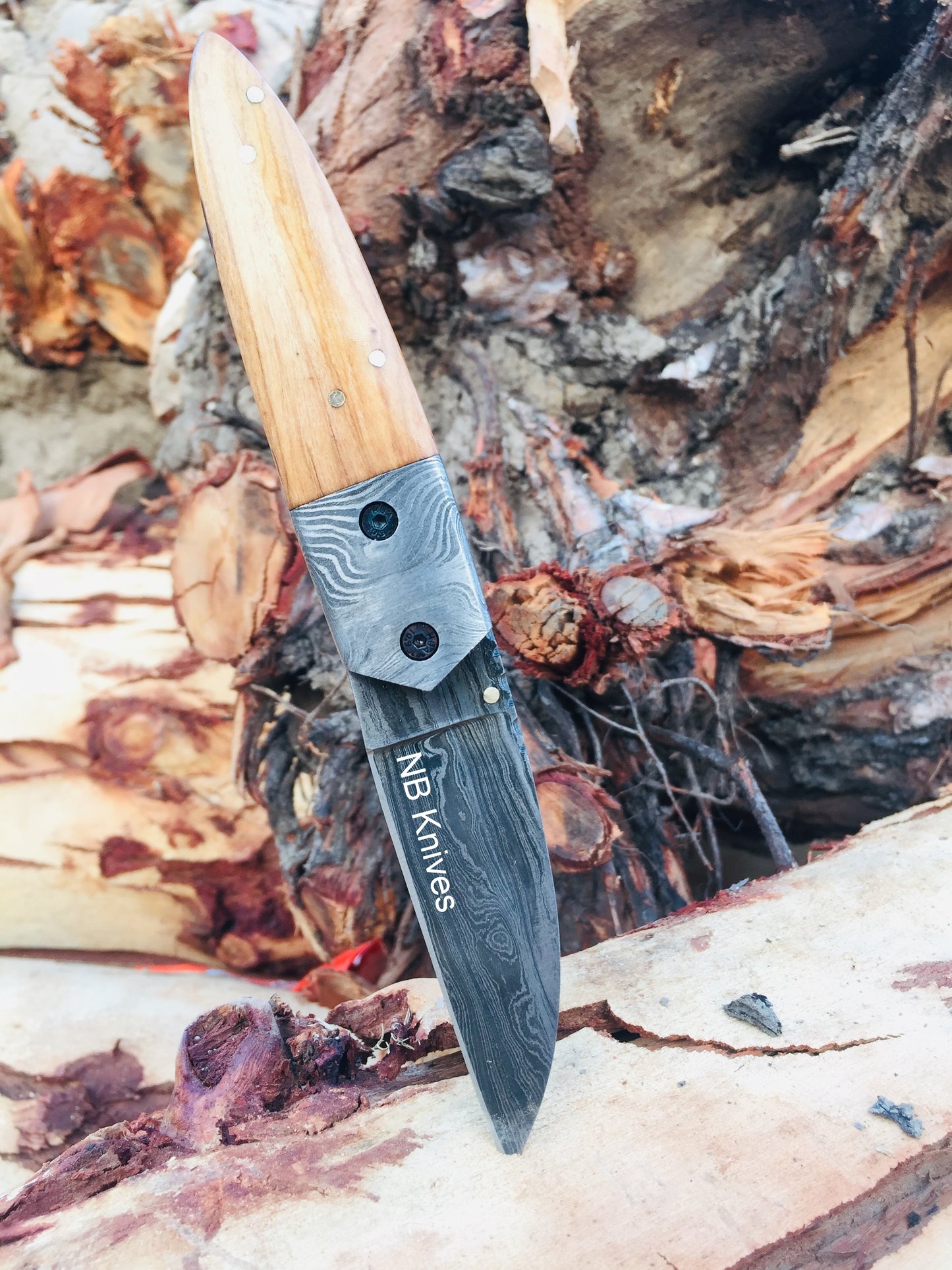 Handmade Damascus Folding Knife Featuring Olive Wood Handle, Damascus Bolster & Leather Sheath