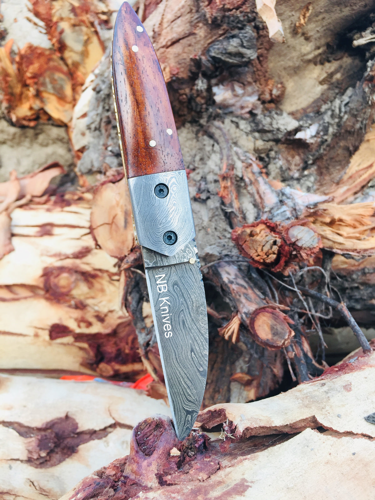 Rosewood Handle Damascus Folding Pocket Knife with Damascus Bolster & Leather Sheath