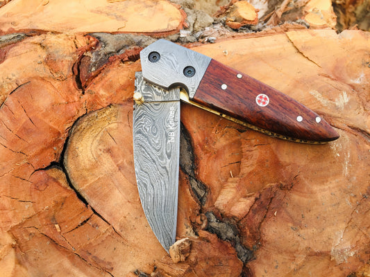 Custom Handmade Damascus Steel Folding/Pocket Knife+Leather Sheath