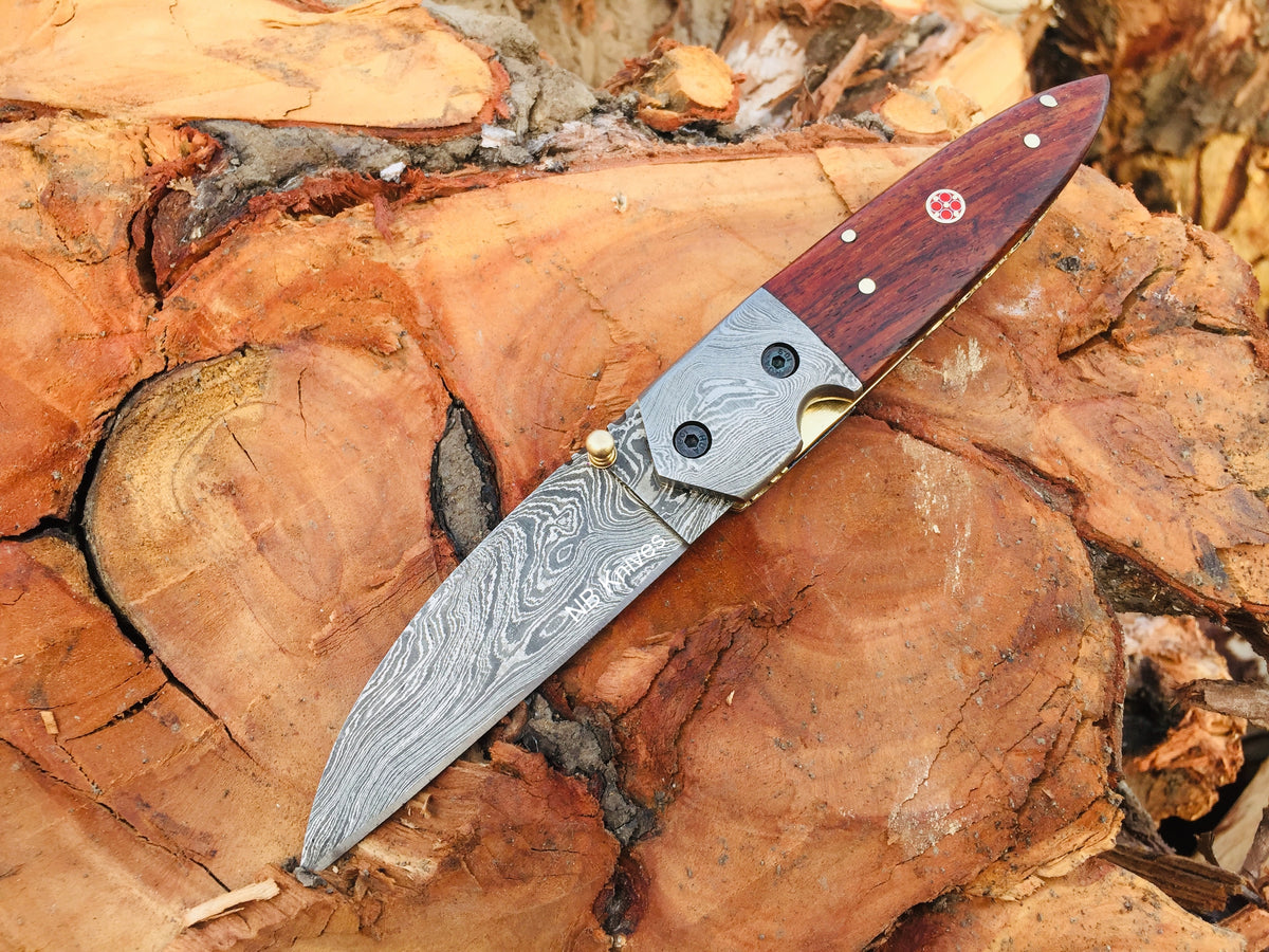 Rosewood Handle Damascus Folding Pocket Knife with Damascus Bolster & Leather Sheath