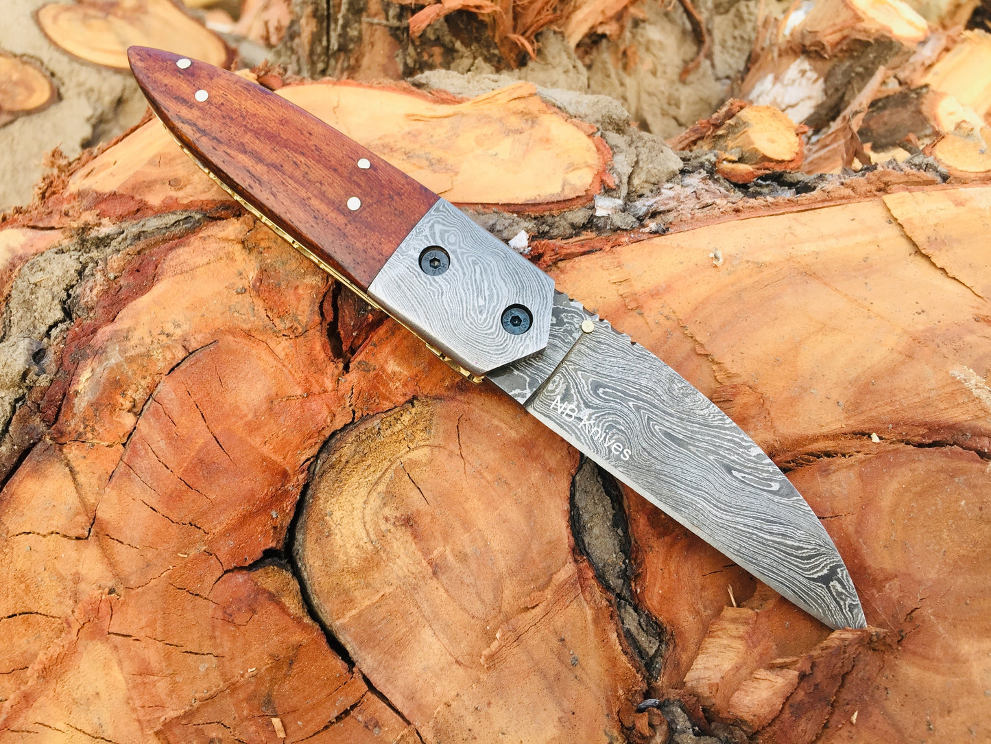 Rosewood Handle Damascus Folding Pocket Knife with Damascus Bolster & Leather Sheath