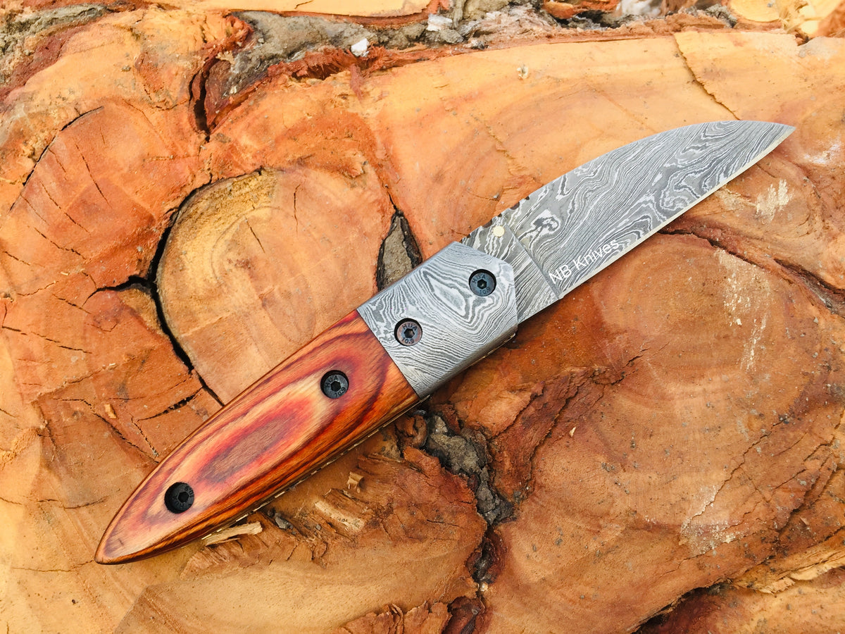 Pakka Wood Handle Damascus Folding Knife with Damascus Steel Bolster & Leather Sheath
